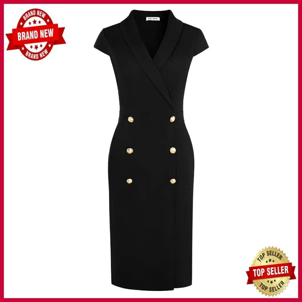 Work Bodycon Dress Midi Cap Sleeve Pencil Formal with Pockets Elegant